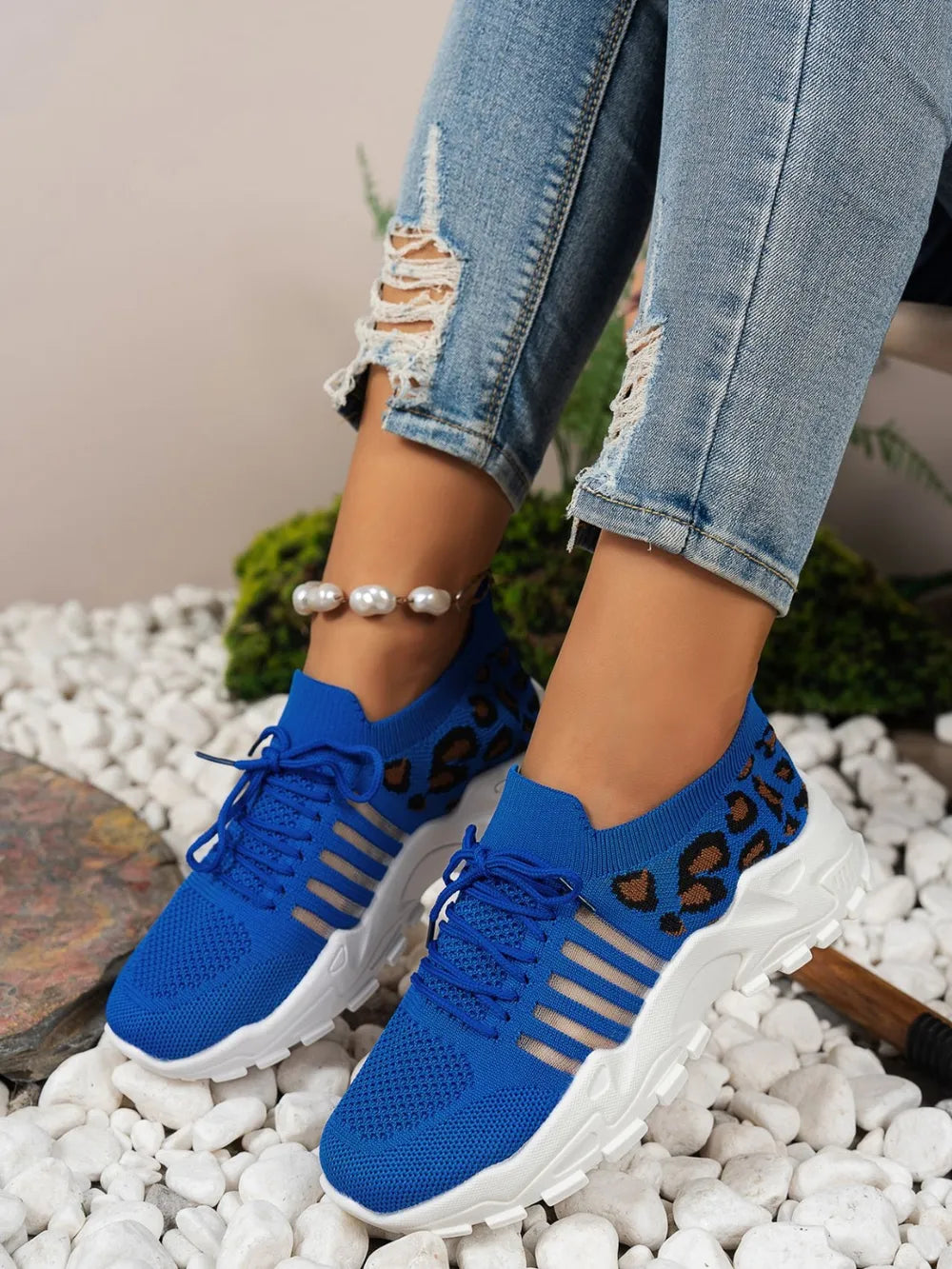 Cutout Leopard Lace Up Mesh Athletic - Velora