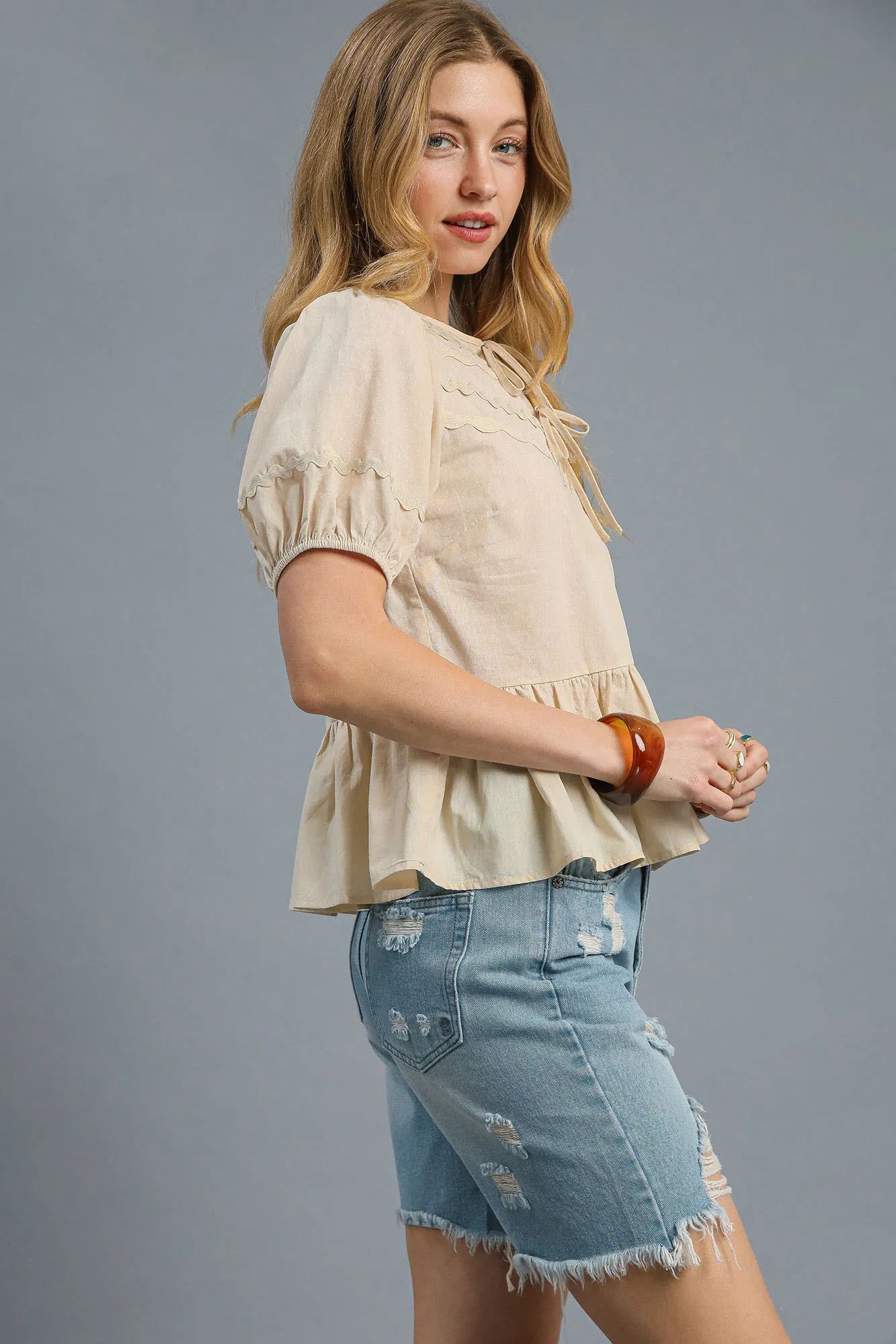 Umgee Tie Front Puff Sleeve Blouse - Velora