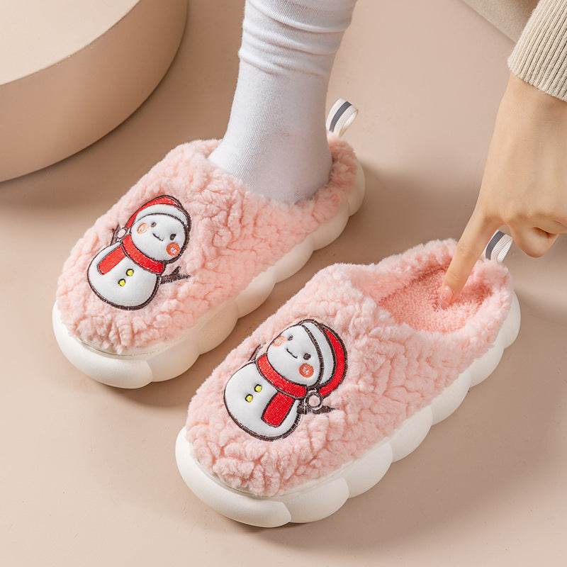 Cute Snowman Slippers Winter Indoor Household Warm Plush Thick-Soled Anti-slip Couple Home Slipper Soft Floor Bedroom House Shoes - Velora