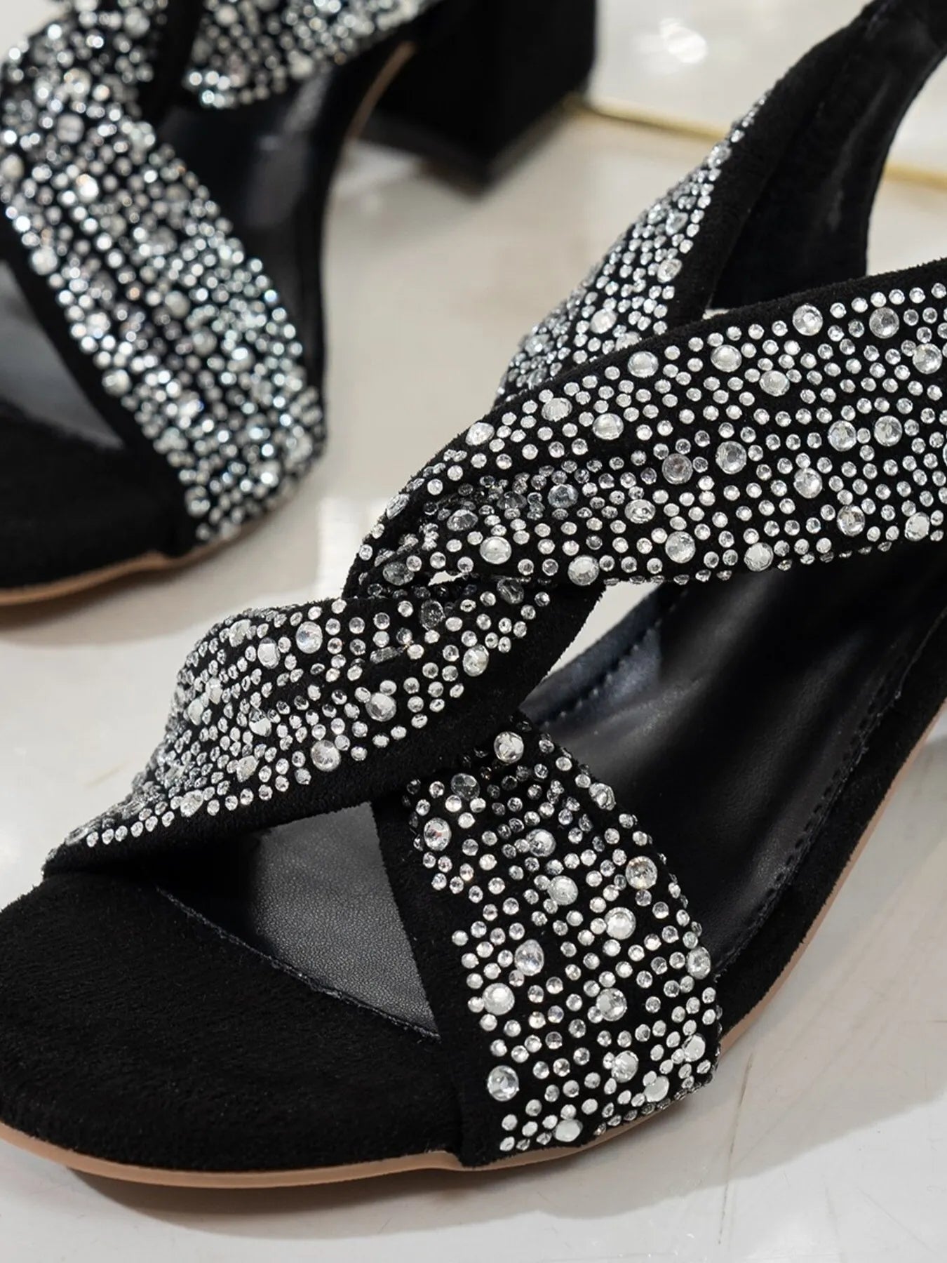 Rhinestone Block Heel Sandals - Velora