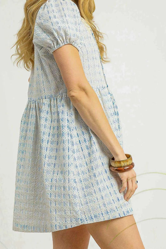 Umgee Lace Detail Short Puff Sleeve Mini Dress - Velora