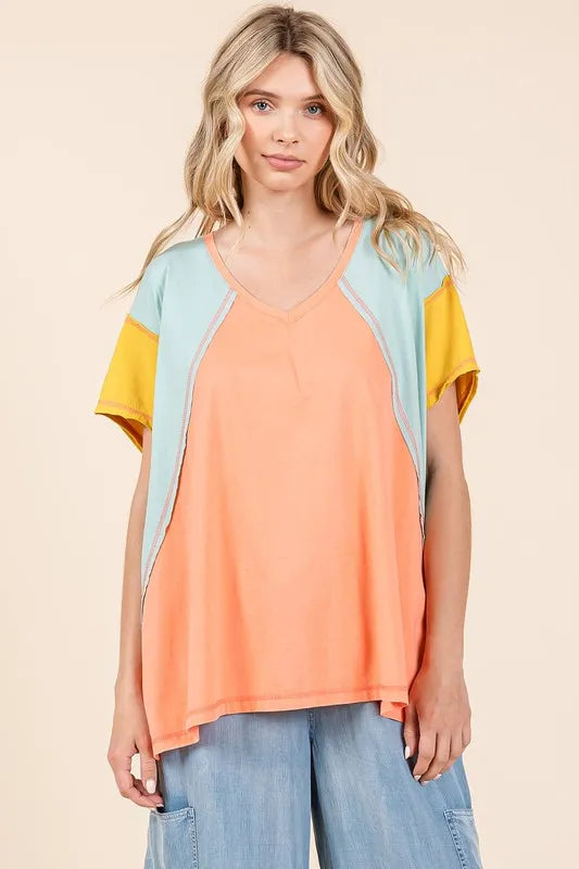 Mittoshop Color Block V-Neck Short Sleeve T-Shirt - Velora