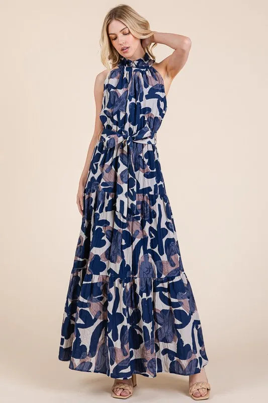 Lime 'N' Chili Abstract Halter Neck Tie-Waist Tiered Maxi Dress - Velora