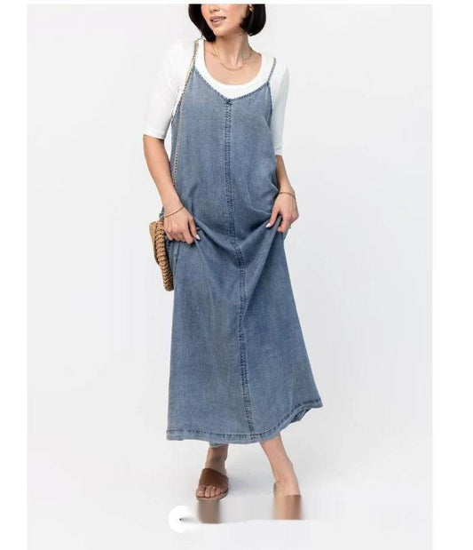 New Suspender Leisure Denim mum loose long Dress - Velora