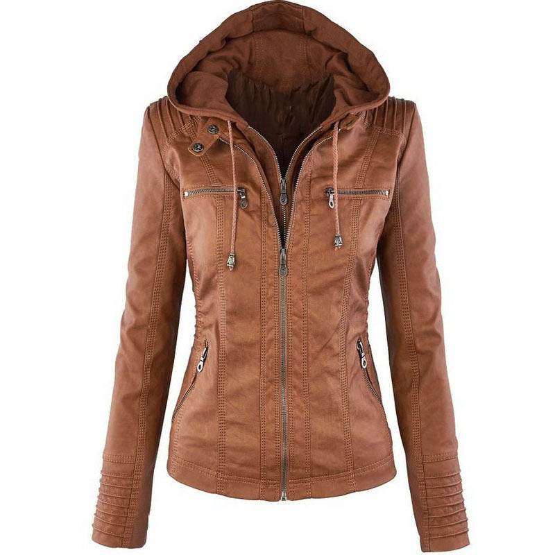 Fashion Detachable Hooded Jacket With Pockets Casual Solid Color Zipper Long Sleeve Leather Coat Autumn Winter Women's Clothing - Velora