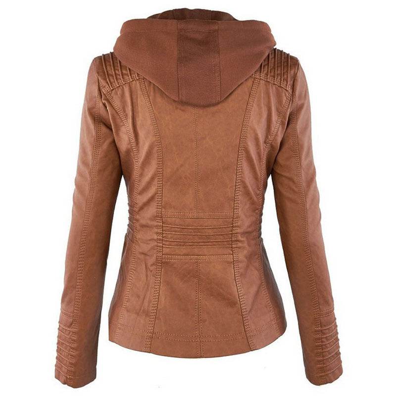 Fashion Detachable Hooded Jacket With Pockets Casual Solid Color Zipper Long Sleeve Leather Coat Autumn Winter Women's Clothing - Velora