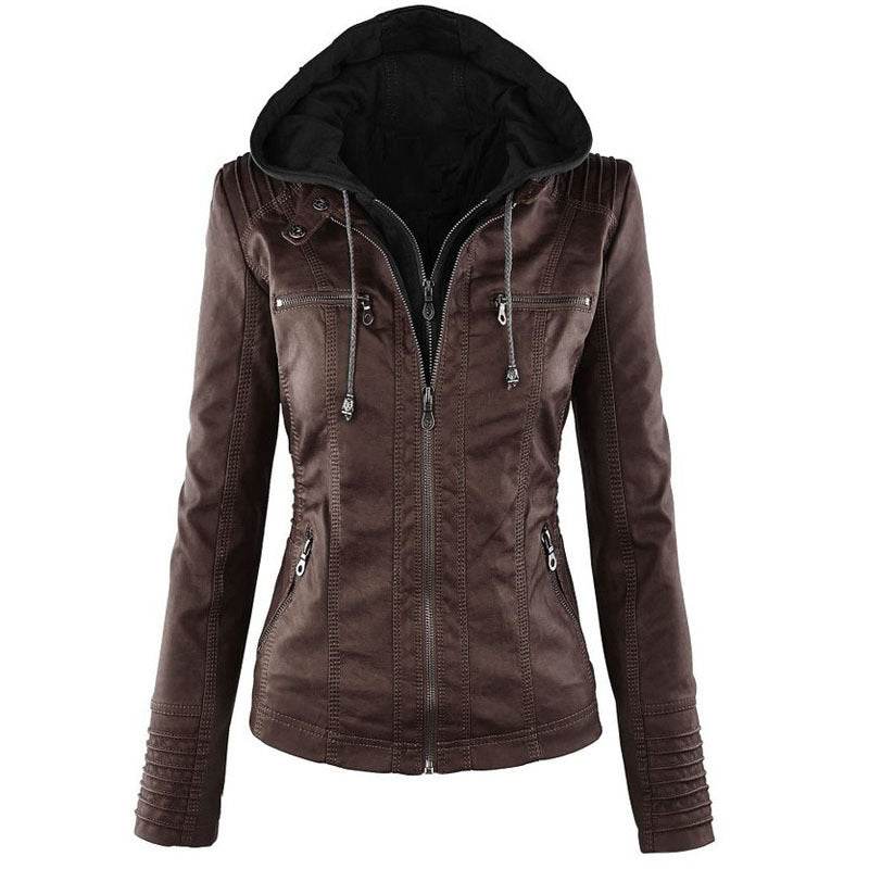 Fashion Detachable Hooded Jacket With Pockets Casual Solid Color Zipper Long Sleeve Leather Coat Autumn Winter Women's Clothing - Velora