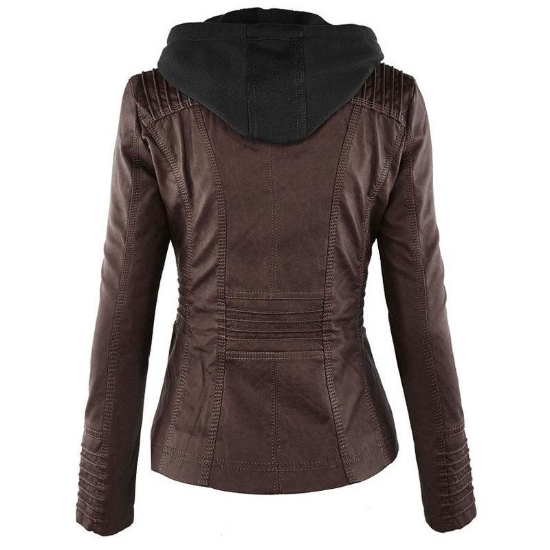 Fashion Detachable Hooded Jacket With Pockets Casual Solid Color Zipper Long Sleeve Leather Coat Autumn Winter Women's Clothing - Velora