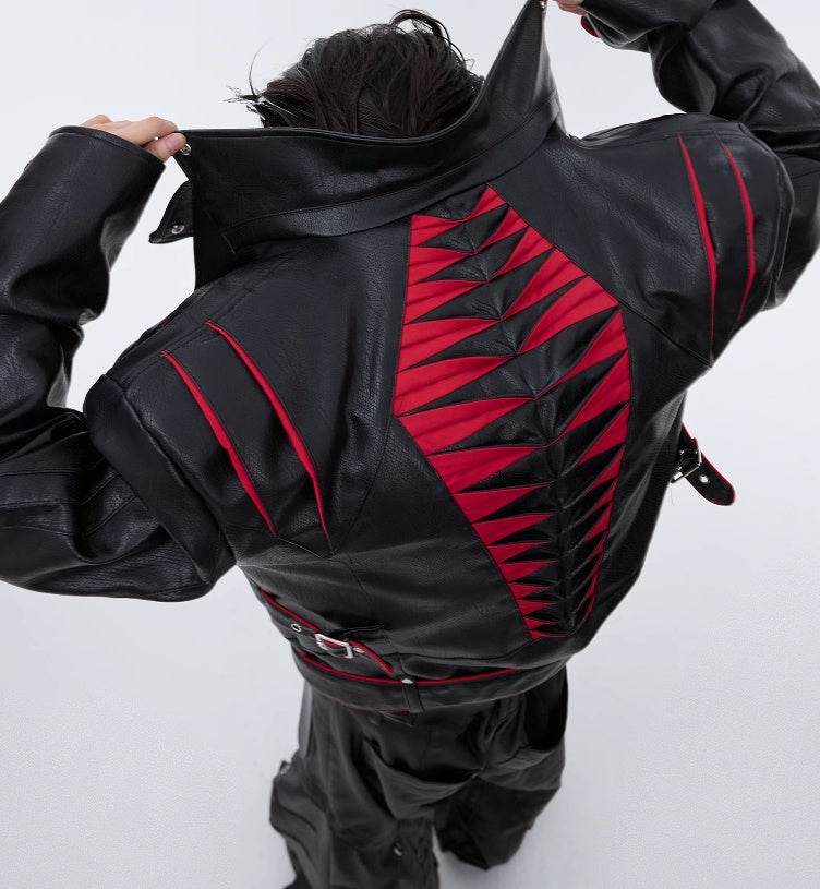 Niche Deconstruction Backbone Pleated Design Sense Short Leather Jacket - Velora