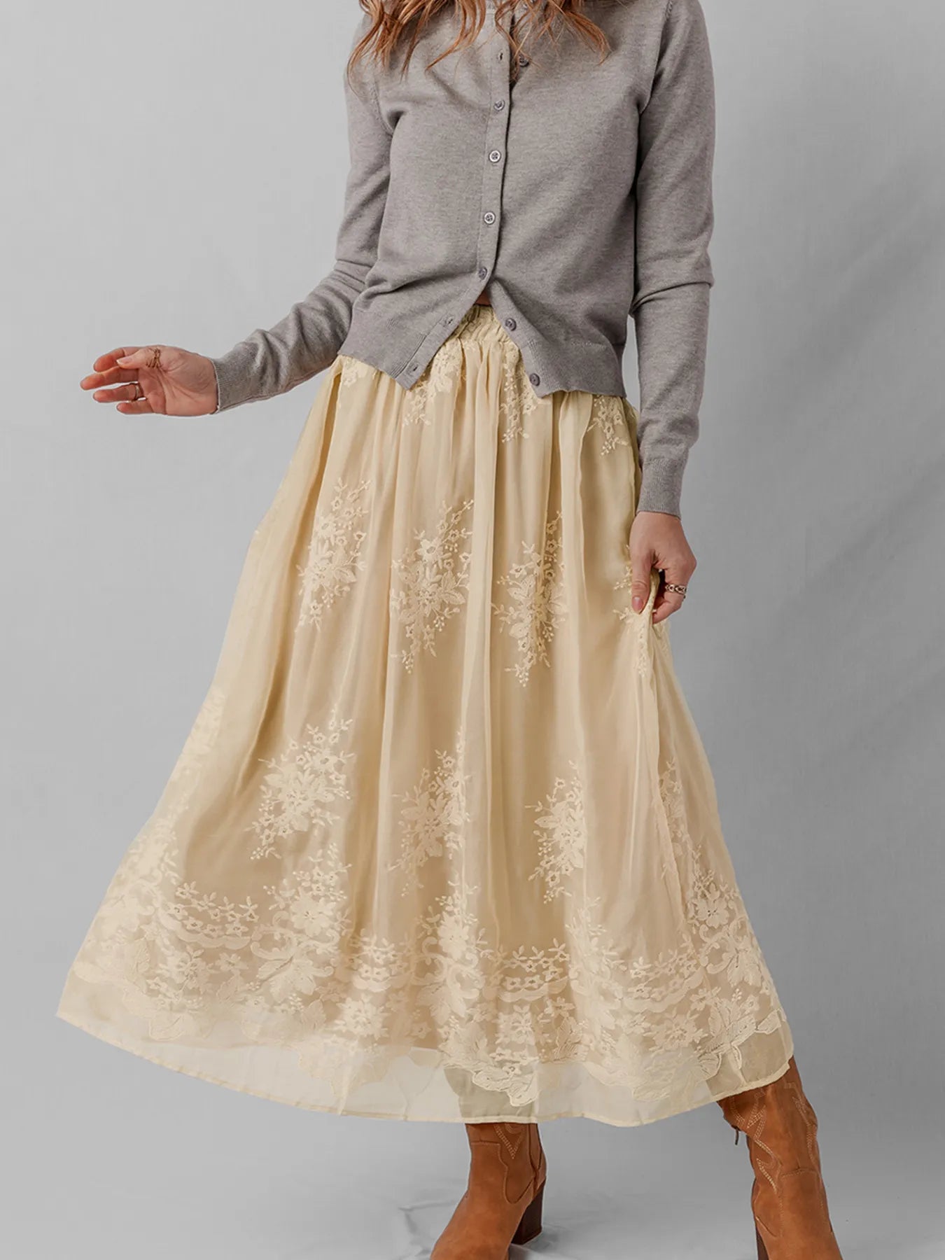 Embroidered Mesh Overlay Flowy Midi Skirt - Velora