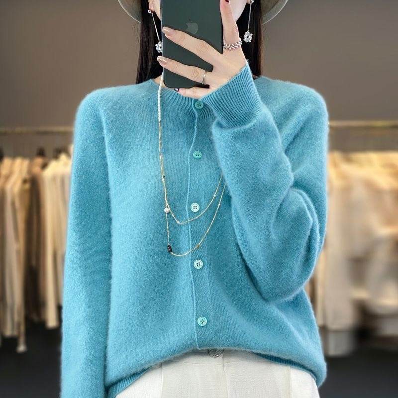 Fashion Merino Wool Cardigan Sweater Women O-Neck Long-sleeve Cashmere Knitwear Spring Autumn Female Clothing Tops - Velora