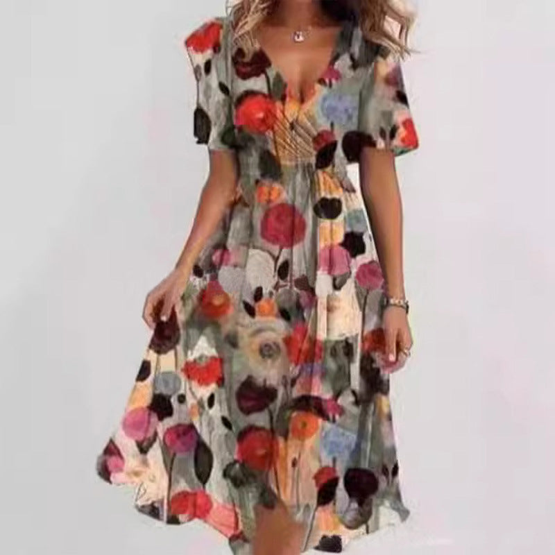 Flowers Printed V-neck Dress Summer A-line Short-sleeved Dresses For Women Velora