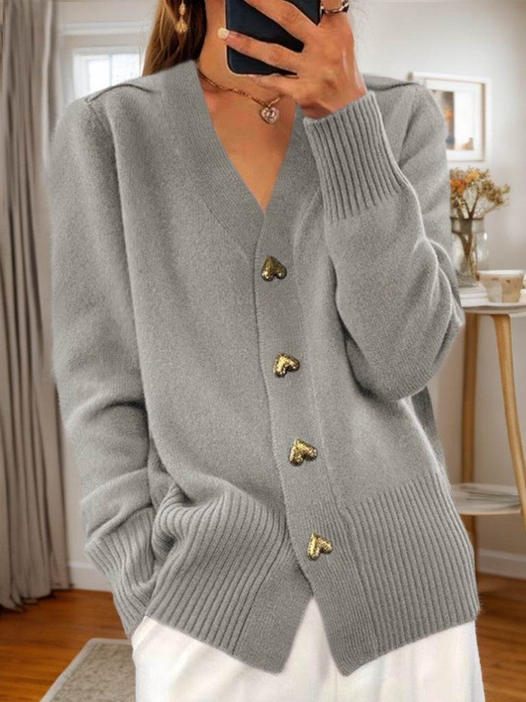 V-neck Knitted Sweater With Love Button Fashion Solid Long-sleeved Cardigan Spring And Autumn Women's Clothing - Velora