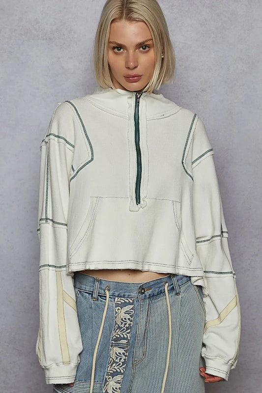 POL Contrast Stitching Zip Front Sweatshirt - Velora