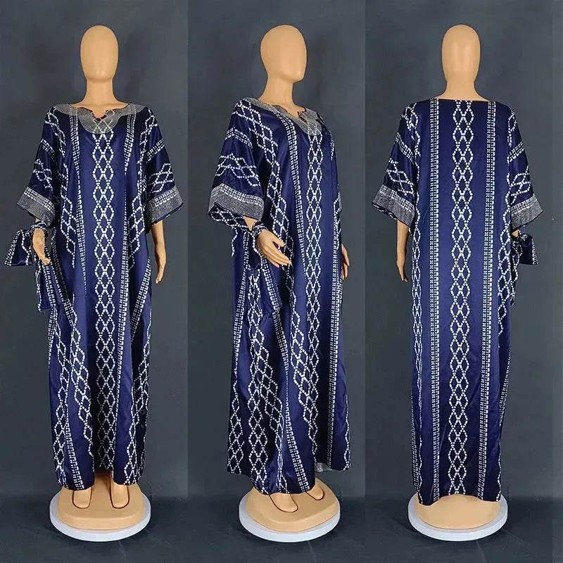 Middle East Striped Loose Robe African Dubai Arabic Satin Hot Drilling Stitching Abaya Buba Dress - Velora