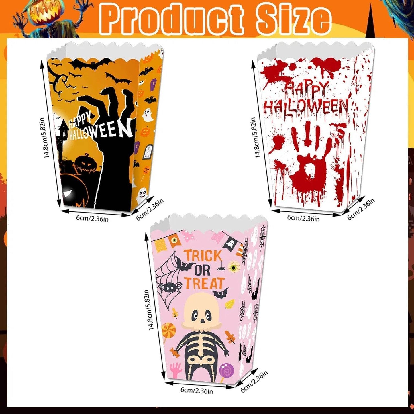 12Pcs Halloween Popcorn Box 3 Style Trick Or Treating Snack Treat Box Bloodstain Ghost Castle Bat Pattern Candy Cookie Container For Halloween Party Supplies - Velora