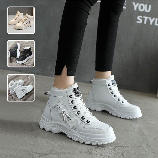 Fleece Lace-up Boots Winter Warm Short Plush High-top Shoes - Velora