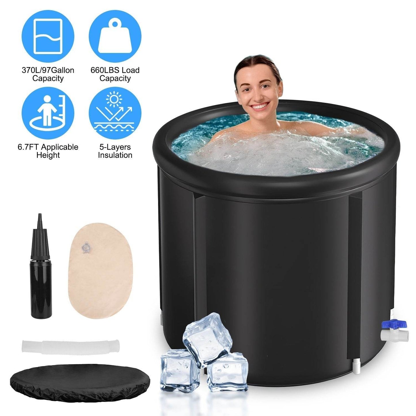 1Pc 97Gal Large Size Ice BathTub With Cover For Adults Athletes Recovery Cold Water Therapy Outdoor Portable Cold Plunge Tub 660LBS Load Capacity 33.46x33.46x29.52in - Velora