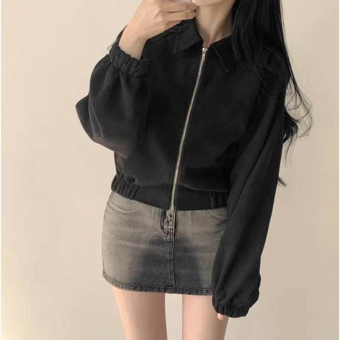 French Vintage Lapel Zip-up Suede Feeling Loose With Long Sleeves Short - Velora