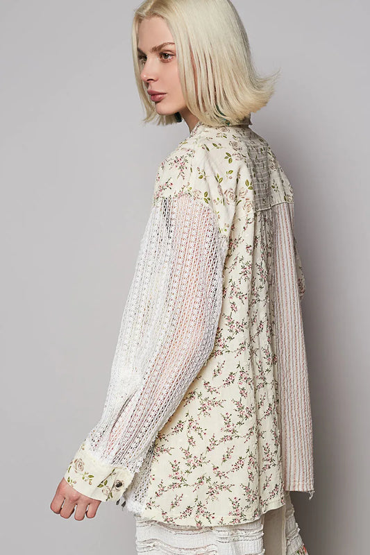 POL Lace Patchwork Floral Button-Up Shirt - Velora
