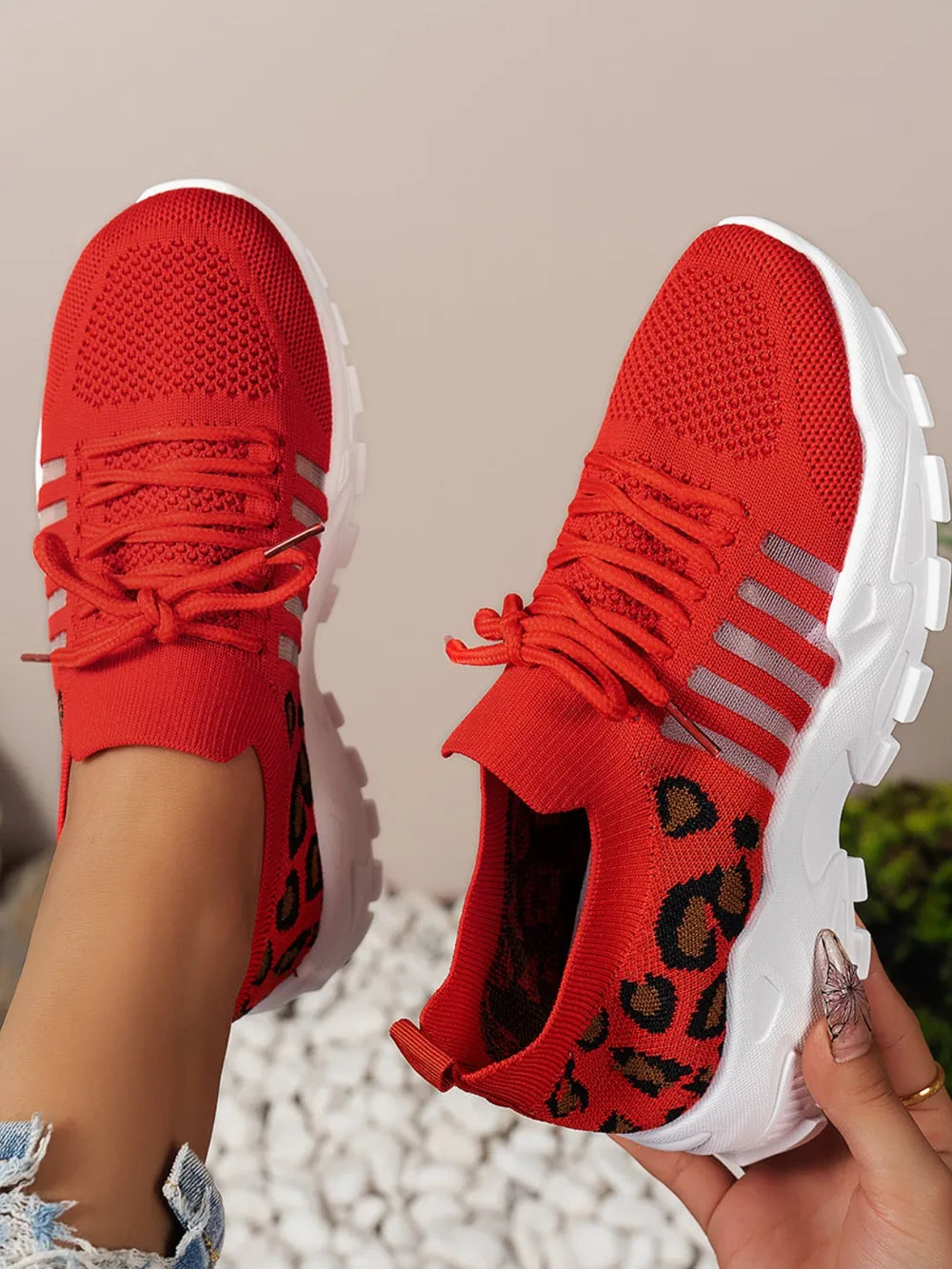 Cutout Leopard Lace Up Mesh Athletic - Velora