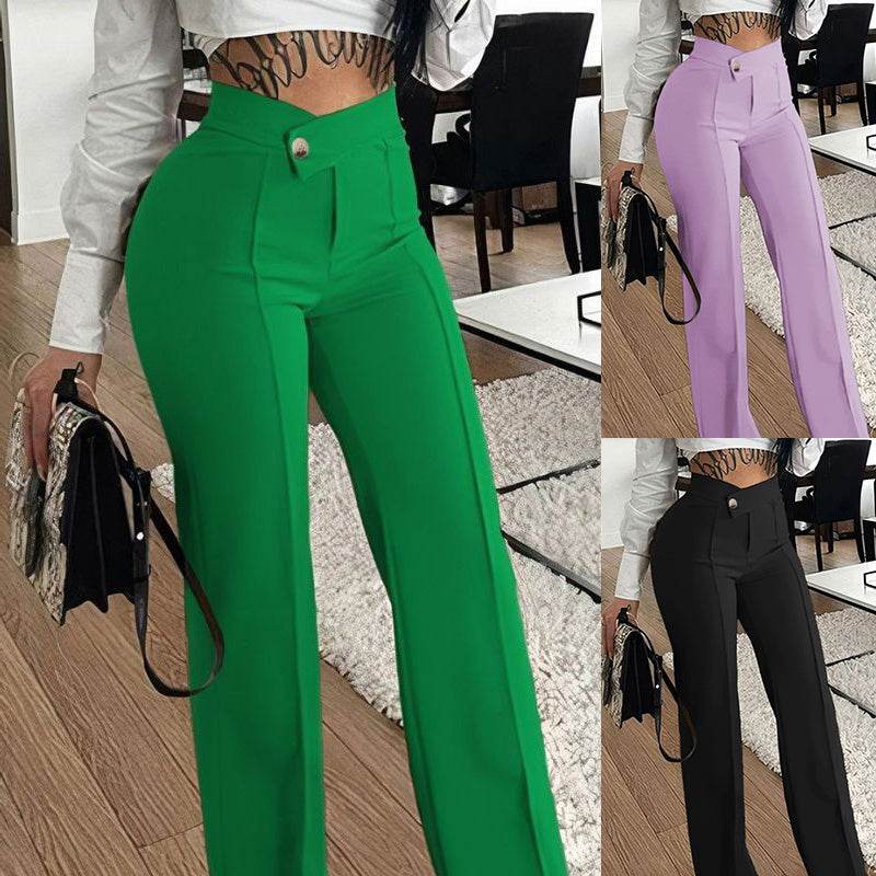 Slim Straight-leg Pants With Buckle Fashion Solid Color Trousers For Womens Clothing - Velora