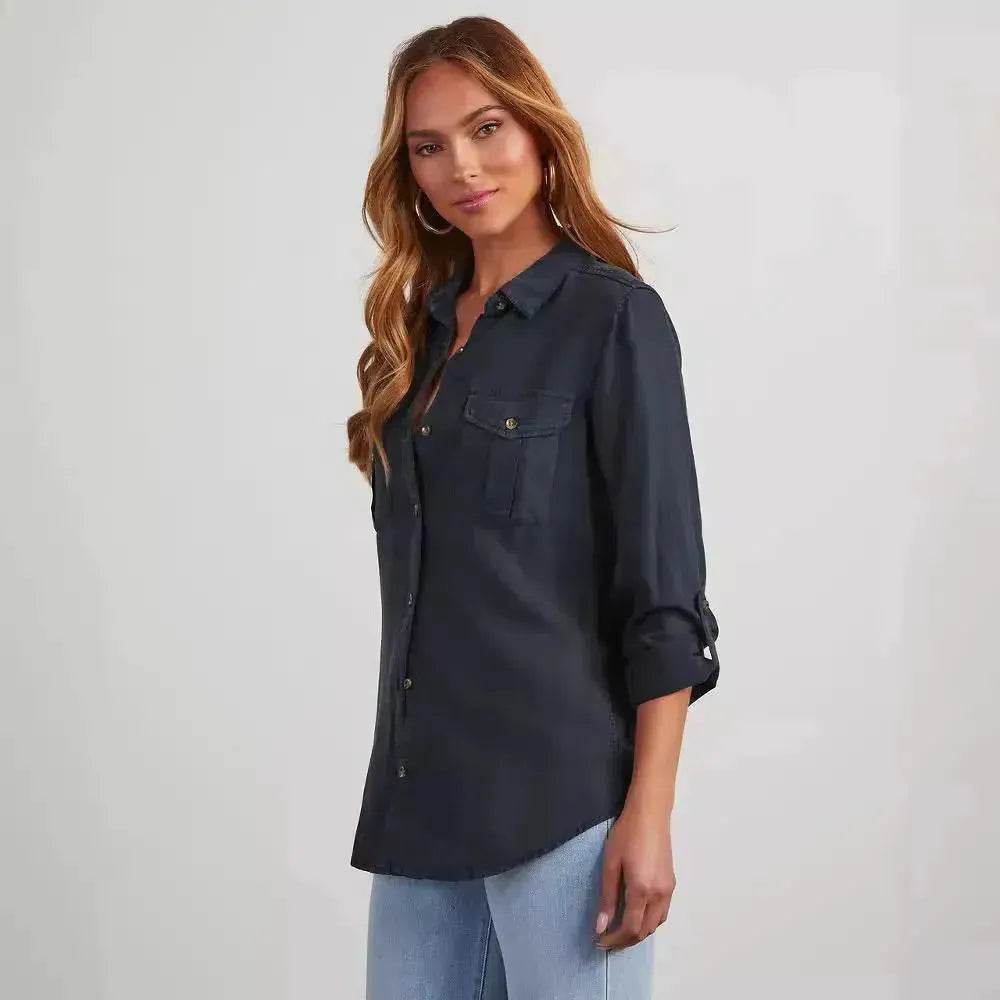 Formal Work Denim shirts for women Leisure Lapel Single Breasted Women's Long Sleeve Denim Shirt Women button down shirts - Velora