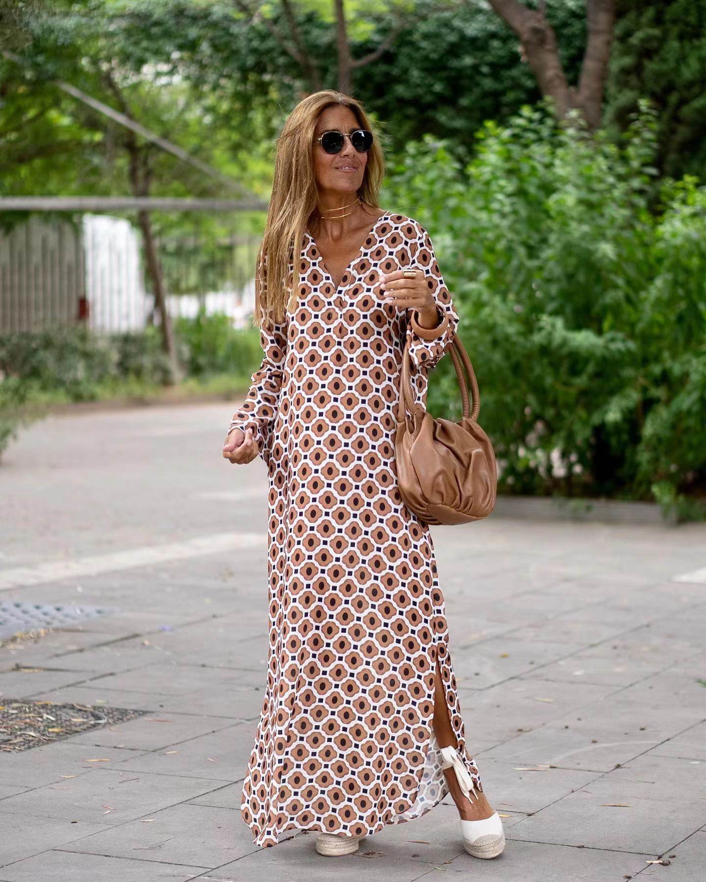 Summer Geometric Printed V-neck Long Dress Fashion Long Sleeve Slit Dresses For Women - Velora