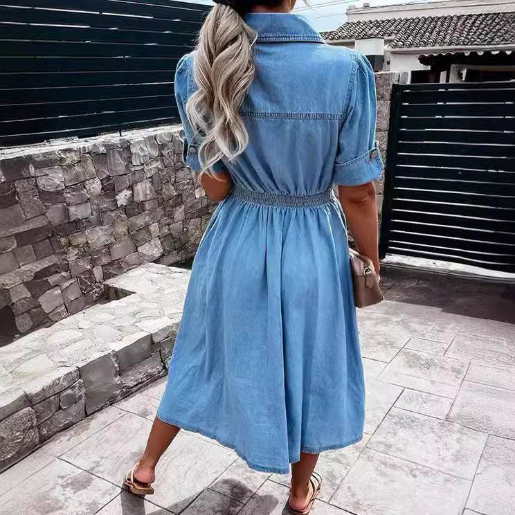Women's Single-breasted Lapel Denim Dress Ins Fashion Temperament Slim-fit Short-sleeved Dress Summer - Velora