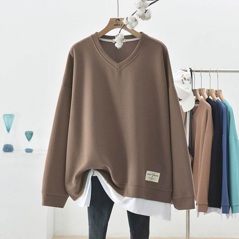 Waffle Stitching False Two-piece Sweaters Women's Autumn Loose Oversized Long Sleeves V-neck - Velora