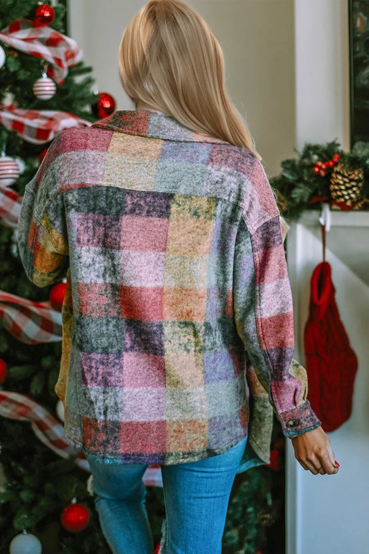 Double Take Full Size Button Up Plaid Fleece Shacket with Pockets - Velora