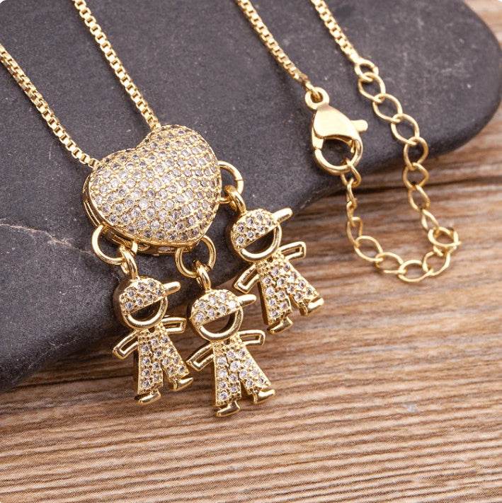Fashion Jewelry Son Daughter Heart Gold Color Cubic Zirconia Family Girl Boy Pendant Necklace Chain Jewelry For Mother Gift - Velora