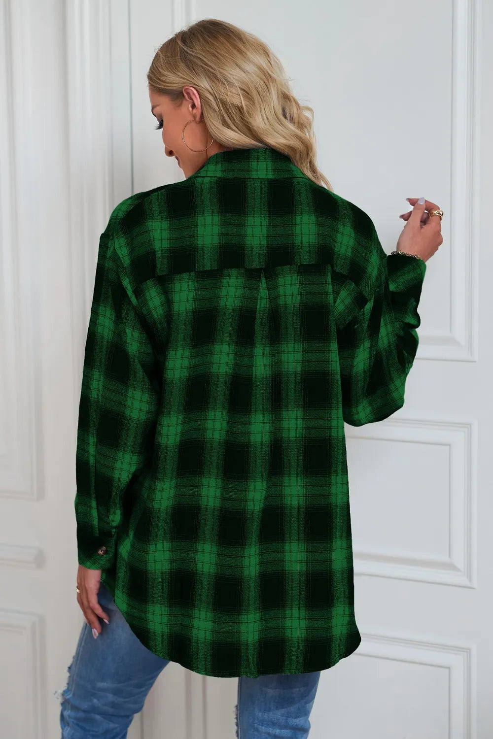 Plaid Button Up Dropped Shoulder Outerwear - Velora