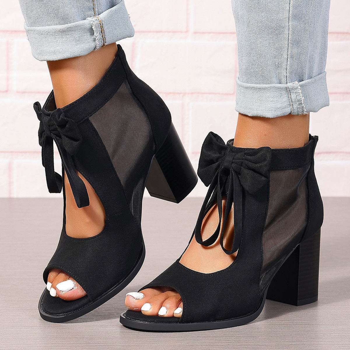 Platform Chunky High Heels Women's Sandals Bow Decoration Open Toe Block Ankle Strap Sandals For Dress Bridal Party Shoes - Velora