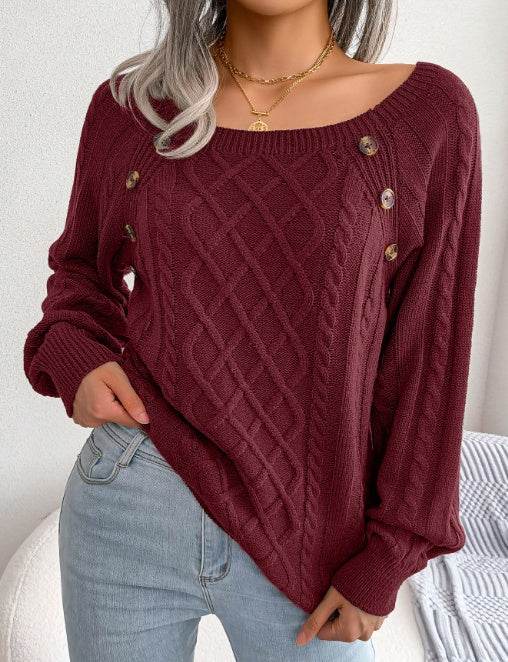 Square Neck Knitted Sweater With Button Design Winter Warm Long Sleeve Tops Women's Clothing - Velora
