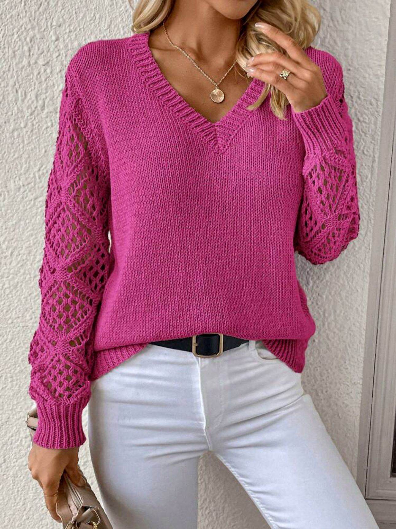 Solid V-neck Pullover Sweater With Hollow Long Sleeve Fashion Tops For Women Clothing - Velora