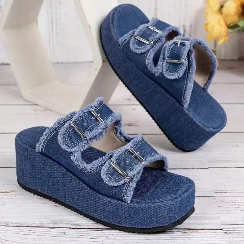 Fashion Denim Buckle Wedges Sandals Summer Outdoor High Heel Slippers Thick Bottom Camouflage Shoes For Women - Velora