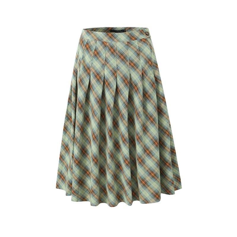 American Retro Low Waist Navel Plaid Pleated Long Skirt Women - Velora
