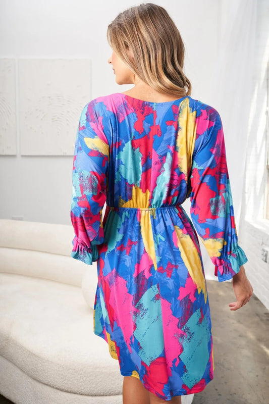 White Birch Full Size Printed V-Neck Mini Dress - Velora