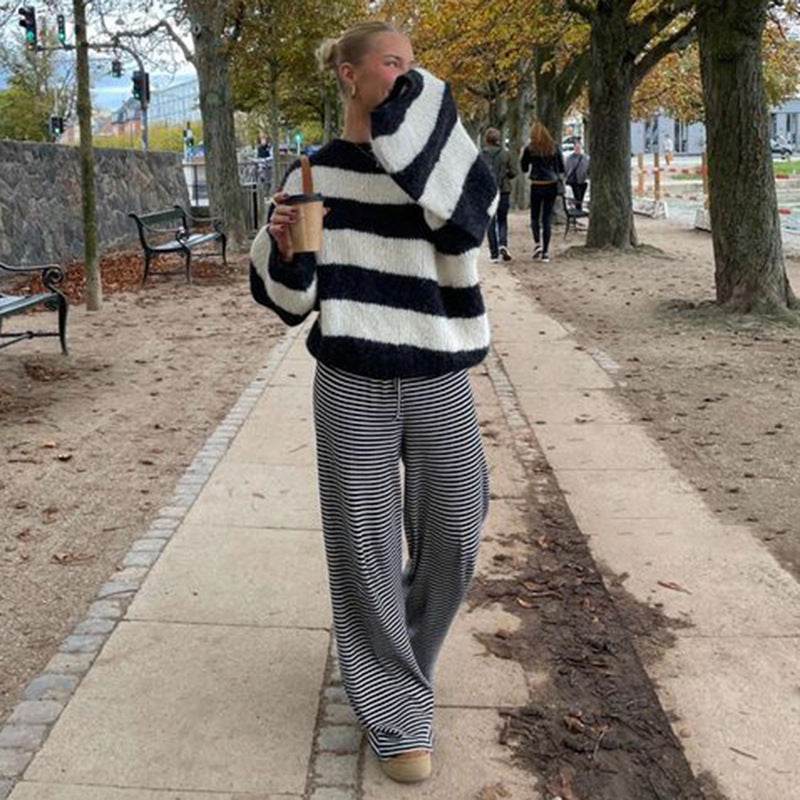 Women's Striped Print Trousers Y2K Fashion Casual Lace Up Home Straight Wide-leg Pants - Velora