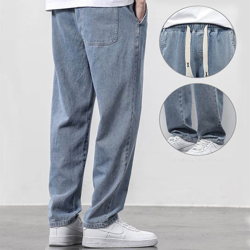 Summer Loose Wide Leg Jeans Pants Men Fashion Drawstring Elasticated Straight Trousers - Velora