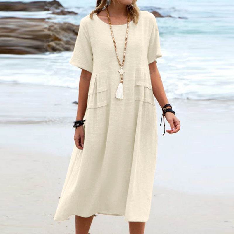 Women's Summer Loose Casual Midi Dress Breathable Cotton Linen Short-sleeve Mid-length Dresses Women Simple Beach Dress - Velora