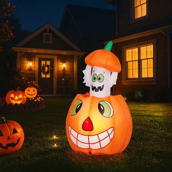 2.8 FT Halloween Inflatables Animated Pumpkin Ghost, Outdoor Decorations Blow Up Yard Decor With Built-in LEDs For Indoor Party Garden Lawn Decor - Velora