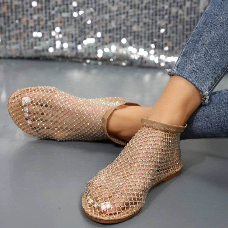 New Hollow Flat Sandals With Rhinestone Design Summer Fashion Round Toe Shoes For Women - Velora
