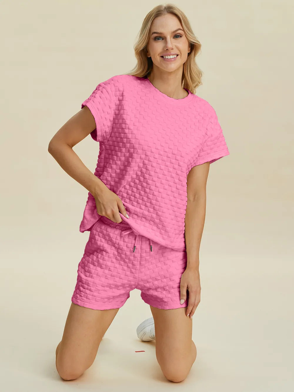 Double Take Full Size Texture T-Shirt and Shorts Set - Velora