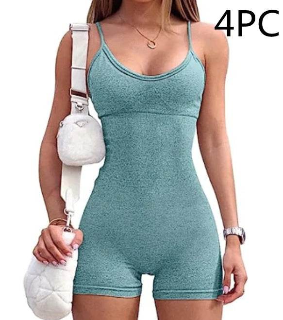 Spaghetti Strap Shorts Jumpsuit Sports Yoga Workout Tight Romper Women Fashion Fitness Sportwear - Velora
