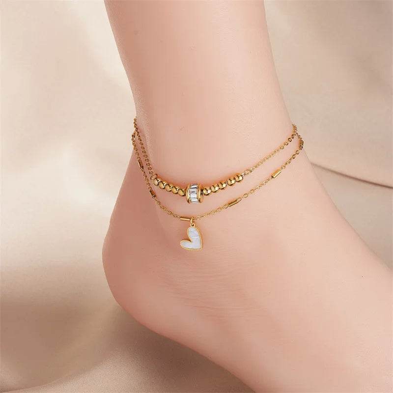 Fashion Jewelry Boho Classic Love Heart Ankle Chain Double Layer Chain Bracelet Anklet Charm Tassel Leg Chain On Foot Chain Women Party Jewelry Accessories - Velora