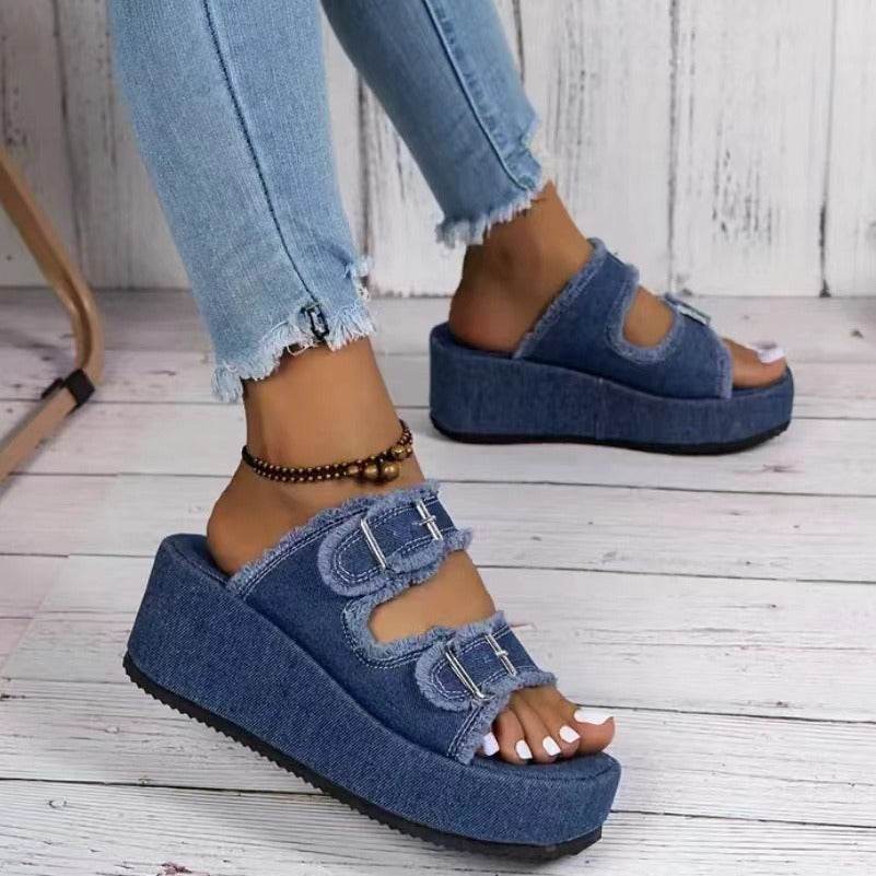 Fashion Denim Buckle Wedges Sandals Summer Outdoor High Heel Slippers Thick Bottom Camouflage Shoes For Women - Velora