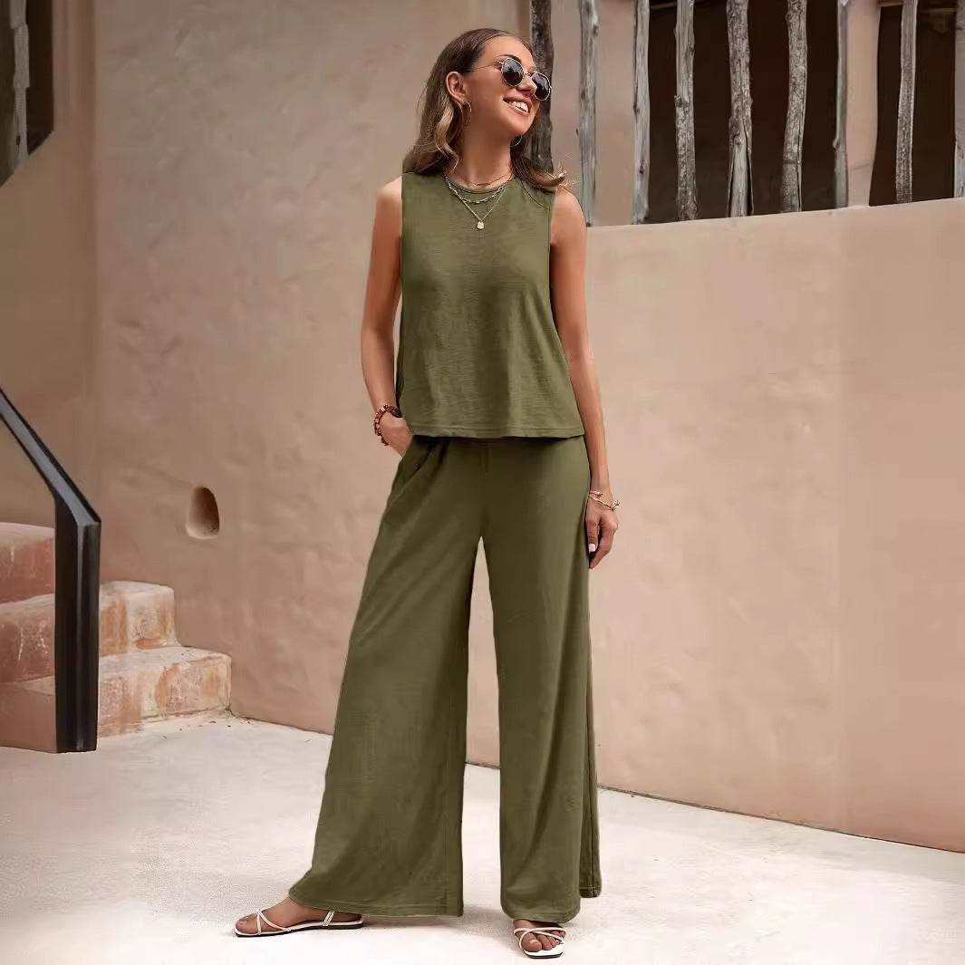 Solid Color Casual Loose Pants Sets For Women Elegant Spring Summer Women's Two Pieces Suit Full Trouser Set Female Outfit Clothes - Velora