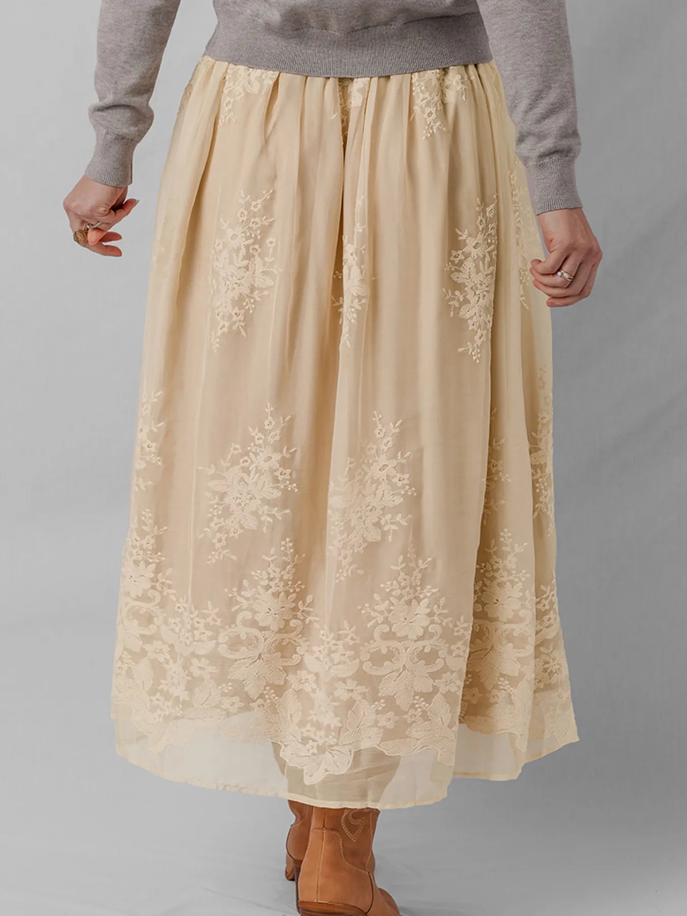 Embroidered Mesh Overlay Flowy Midi Skirt - Velora